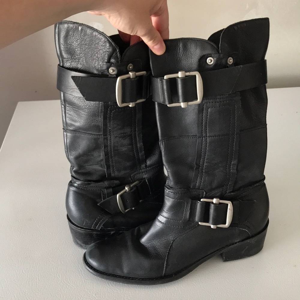 Vera Wang lavender label black Moto boots